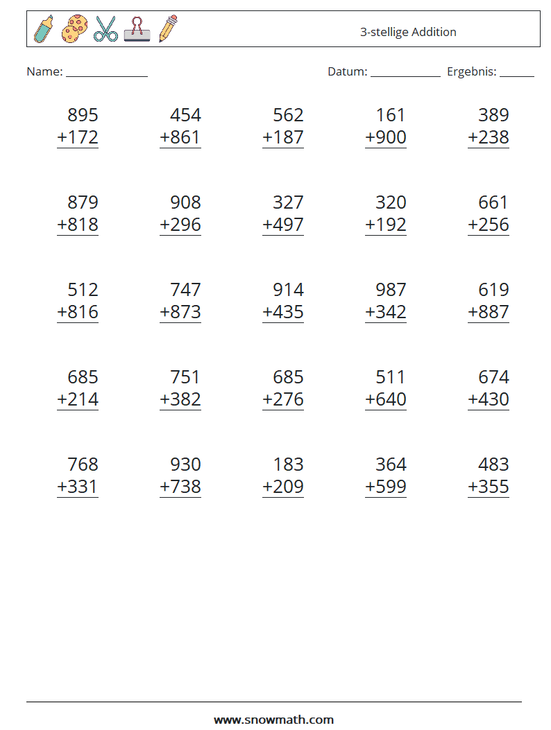 (25) 3-stellige Addition Mathe-Arbeitsblätter 9