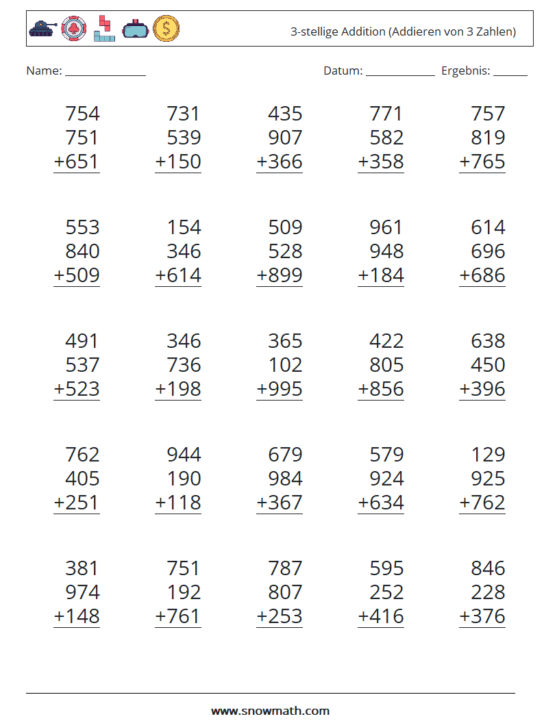 (25) 3-stellige Addition (Addieren von 3 Zahlen) Mathe-Arbeitsblätter 10