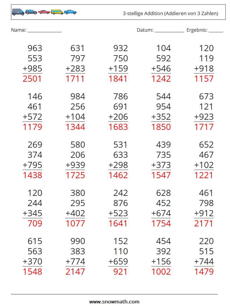 (25) 3-stellige Addition (Addieren von 3 Zahlen) Mathe-Arbeitsblätter 12 Frage, Antwort