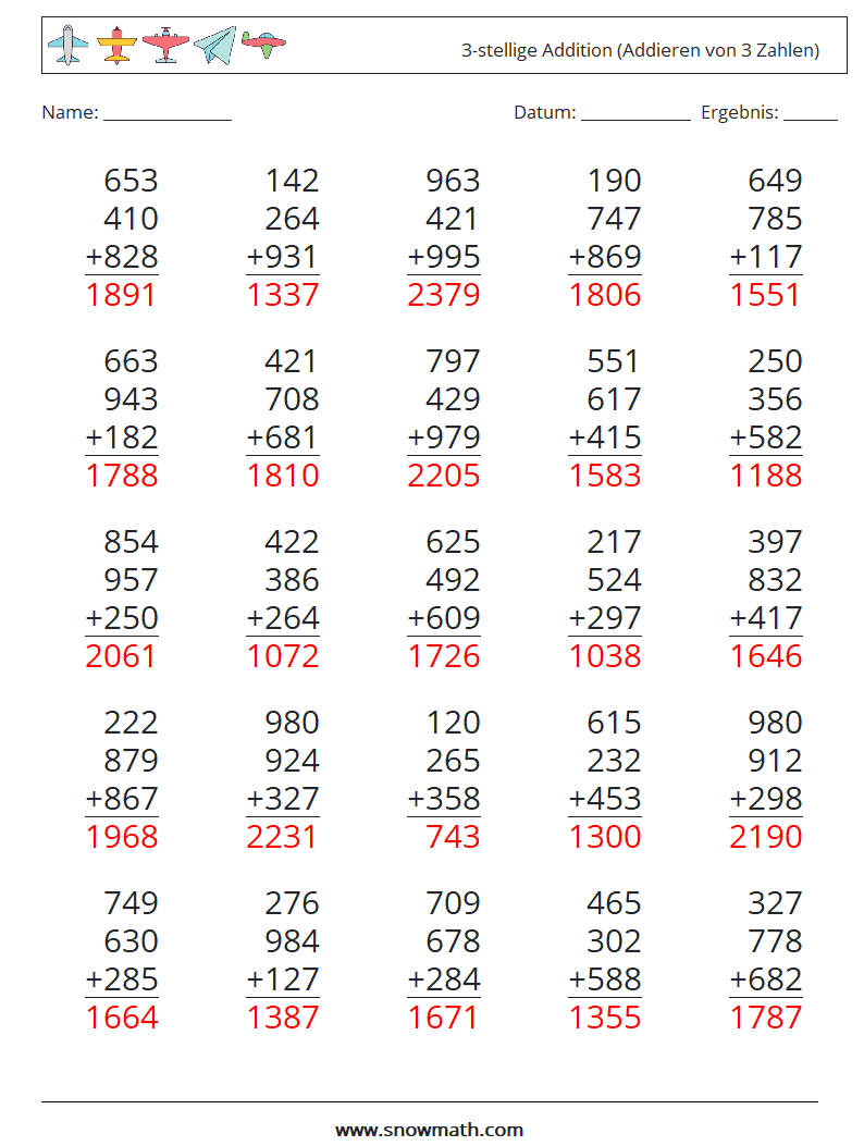 (25) 3-stellige Addition (Addieren von 3 Zahlen) Mathe-Arbeitsblätter 13 Frage, Antwort