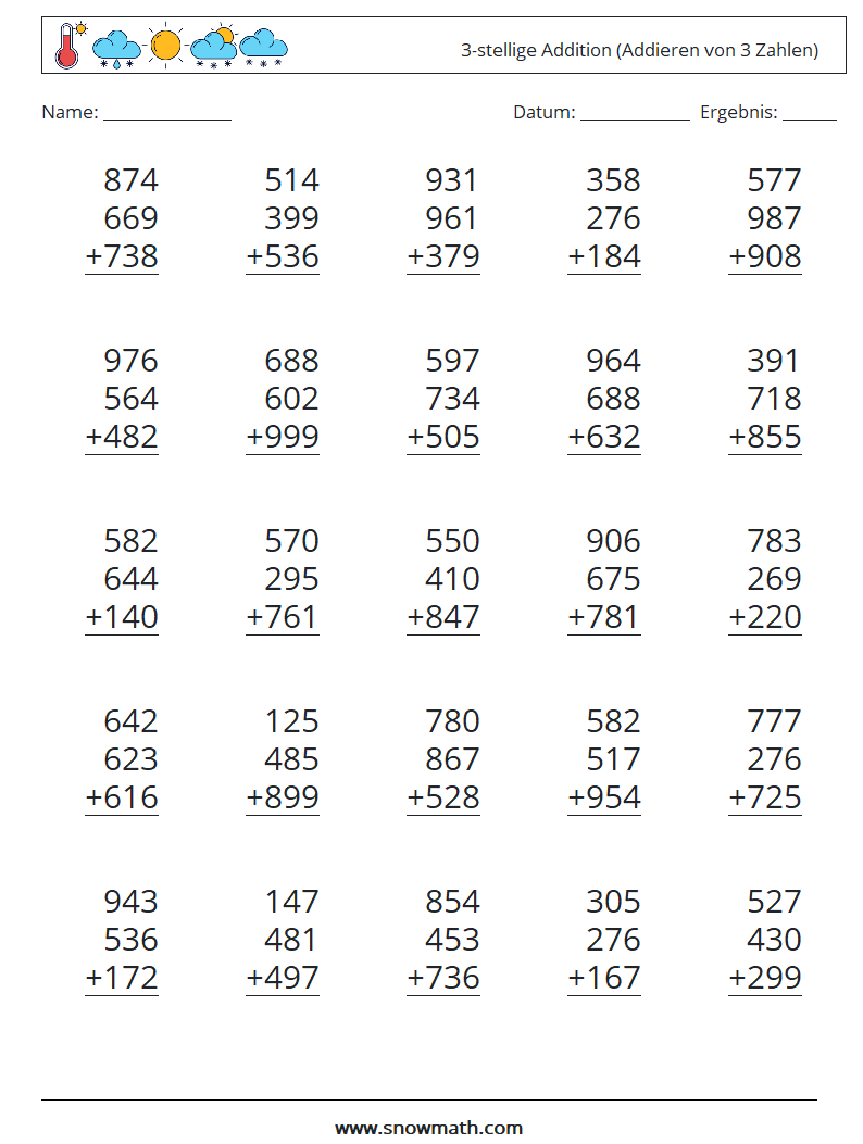 (25) 3-stellige Addition (Addieren von 3 Zahlen) Mathe-Arbeitsblätter 14