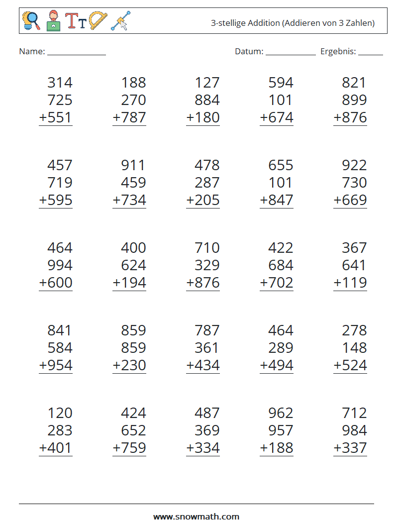 (25) 3-stellige Addition (Addieren von 3 Zahlen) Mathe-Arbeitsblätter 15