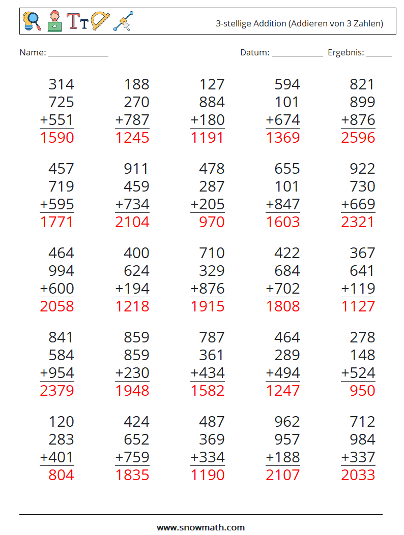 (25) 3-stellige Addition (Addieren von 3 Zahlen) Mathe-Arbeitsblätter 15 Frage, Antwort