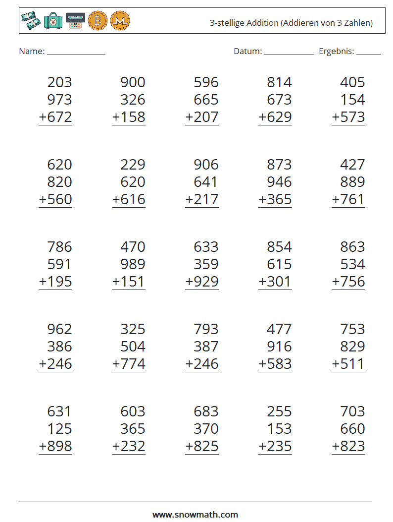 (25) 3-stellige Addition (Addieren von 3 Zahlen) Mathe-Arbeitsblätter 17