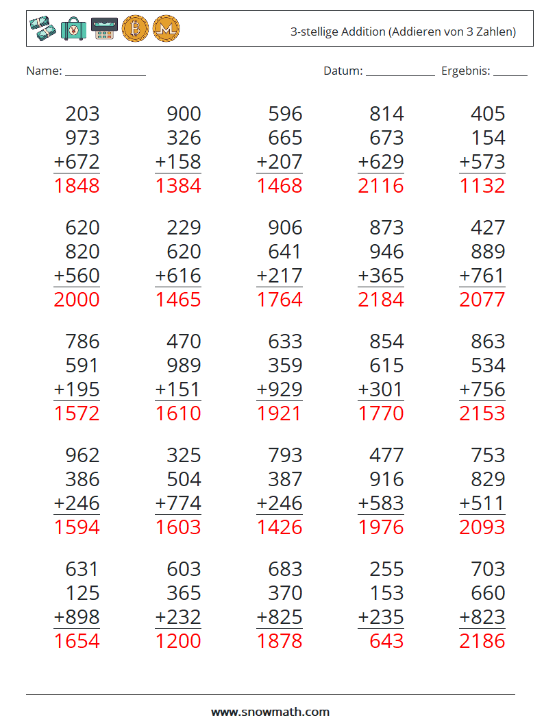 (25) 3-stellige Addition (Addieren von 3 Zahlen) Mathe-Arbeitsblätter 17 Frage, Antwort