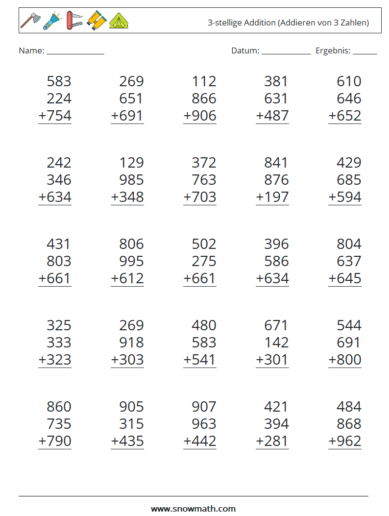 (25) 3-stellige Addition (Addieren von 3 Zahlen) Mathe-Arbeitsblätter 2