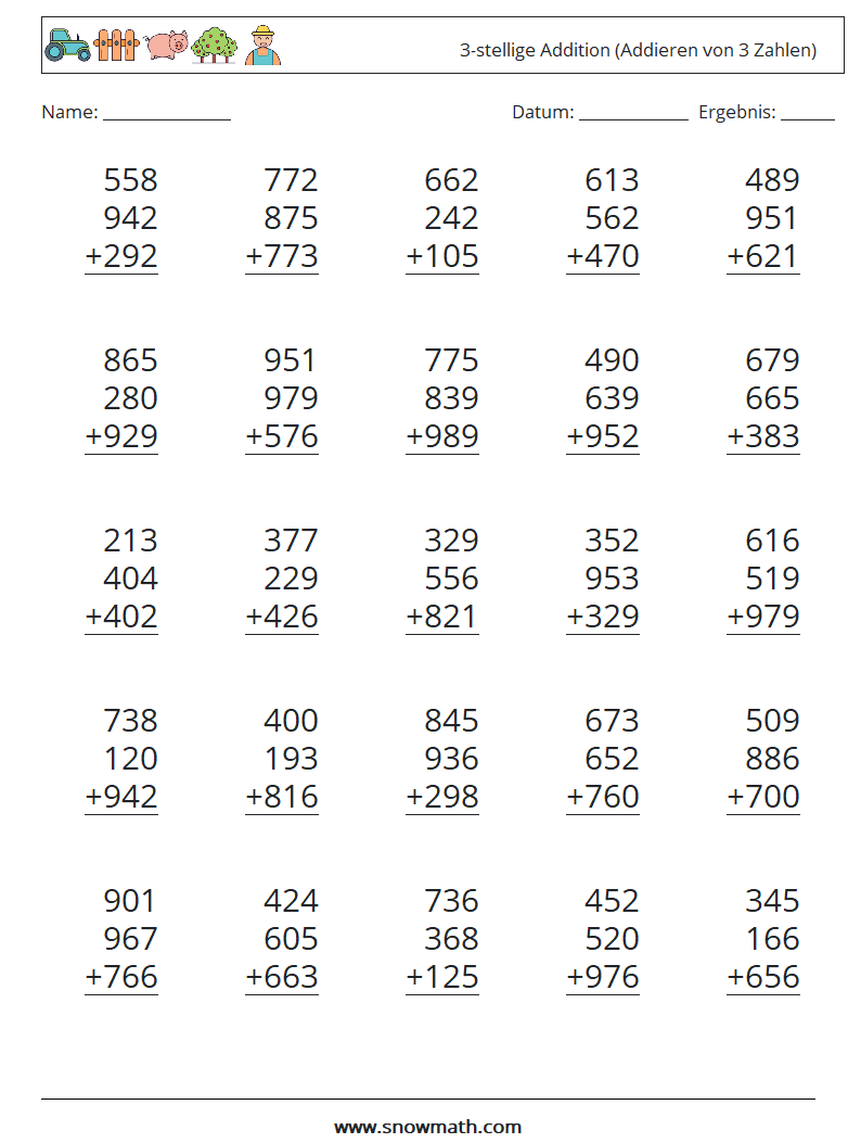 (25) 3-stellige Addition (Addieren von 3 Zahlen) Mathe-Arbeitsblätter 3