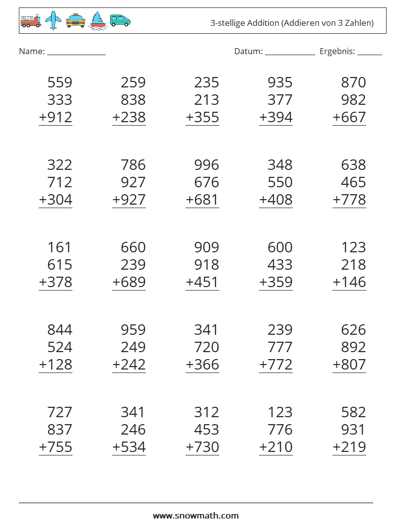 (25) 3-stellige Addition (Addieren von 3 Zahlen) Mathe-Arbeitsblätter 6