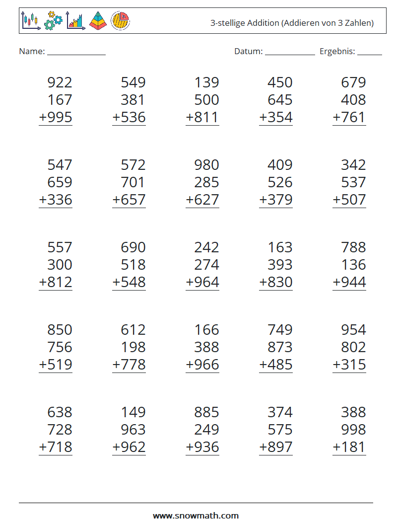(25) 3-stellige Addition (Addieren von 3 Zahlen) Mathe-Arbeitsblätter 7