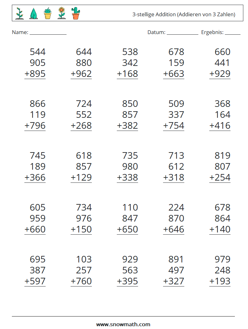 (25) 3-stellige Addition (Addieren von 3 Zahlen) Mathe-Arbeitsblätter 9