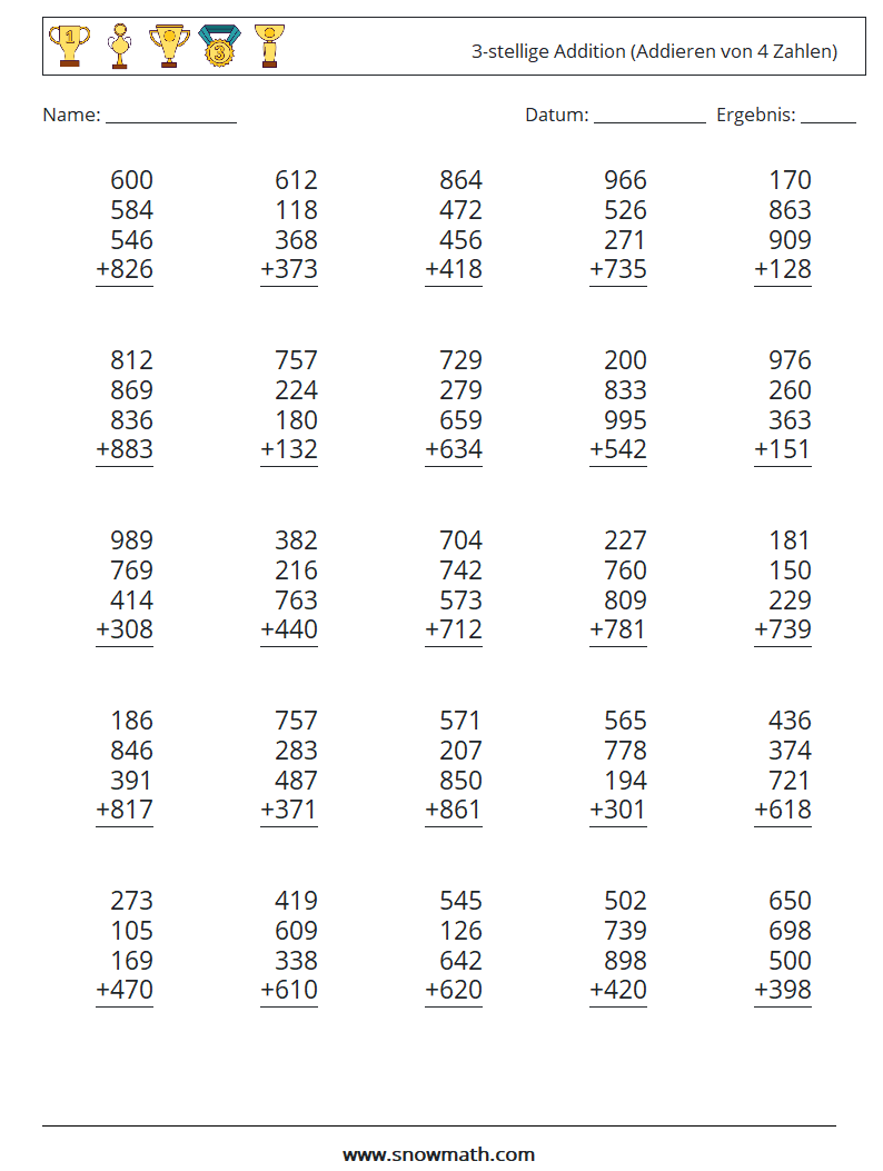 (25) 3-stellige Addition (Addieren von 4 Zahlen) Mathe-Arbeitsblätter 10