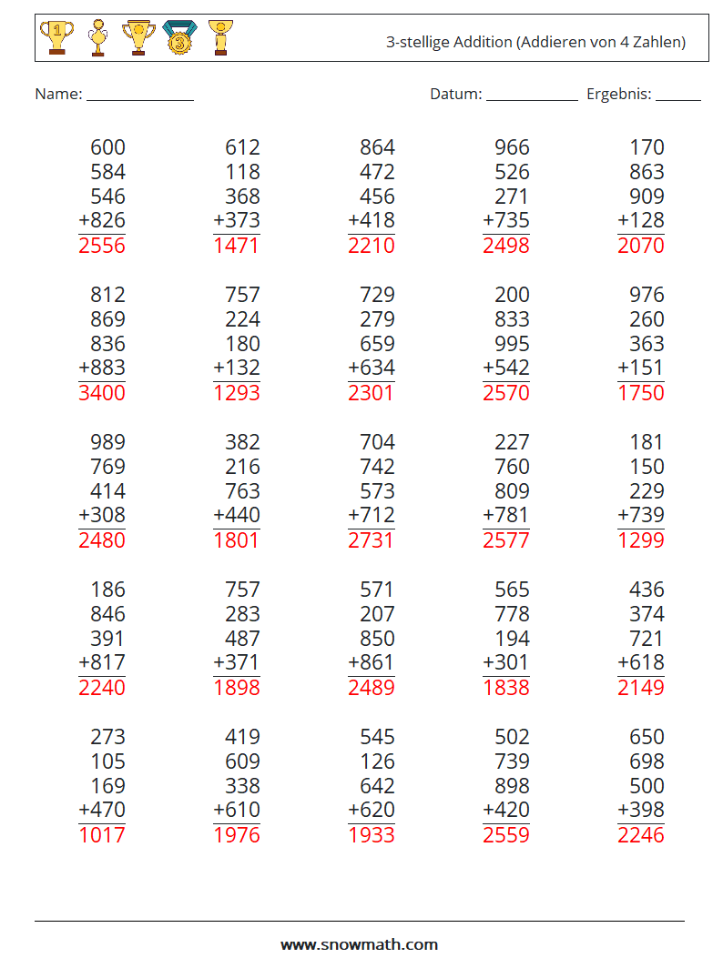 (25) 3-stellige Addition (Addieren von 4 Zahlen) Mathe-Arbeitsblätter 10 Frage, Antwort