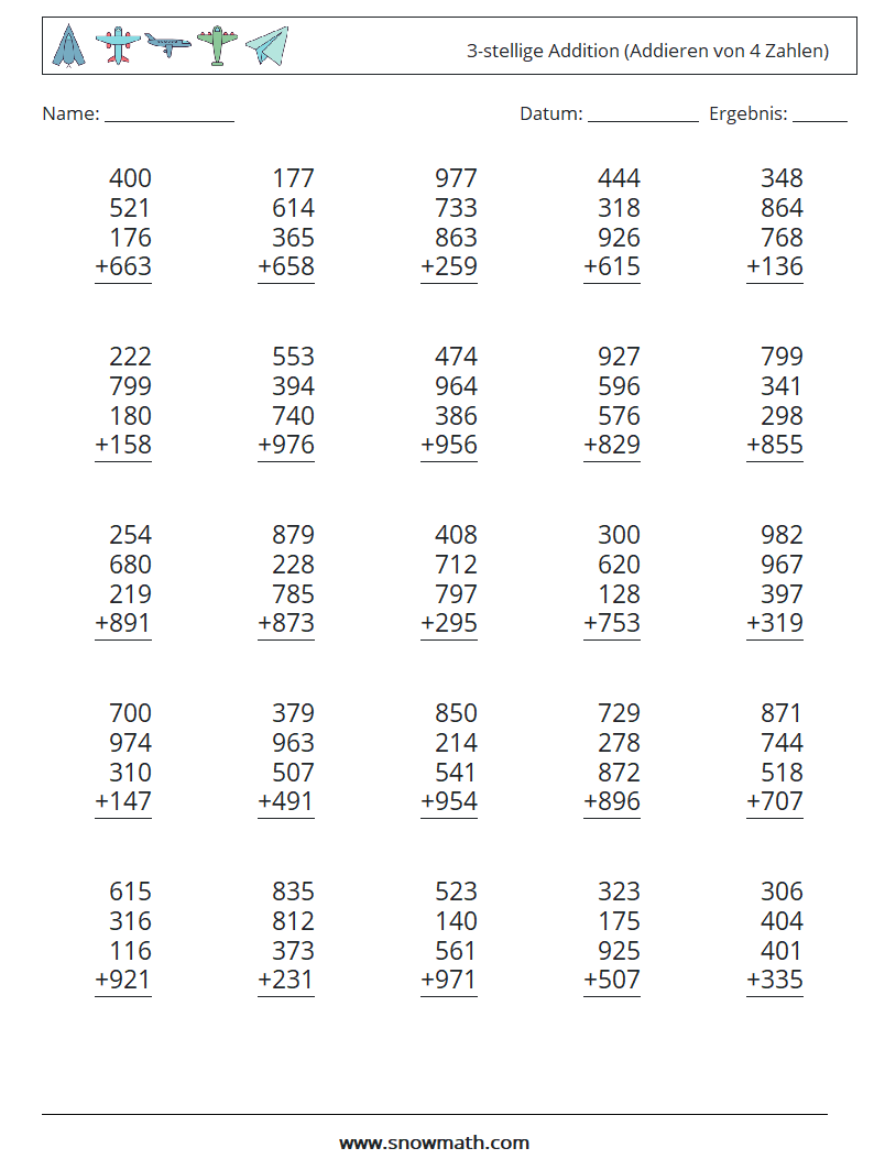(25) 3-stellige Addition (Addieren von 4 Zahlen) Mathe-Arbeitsblätter 11