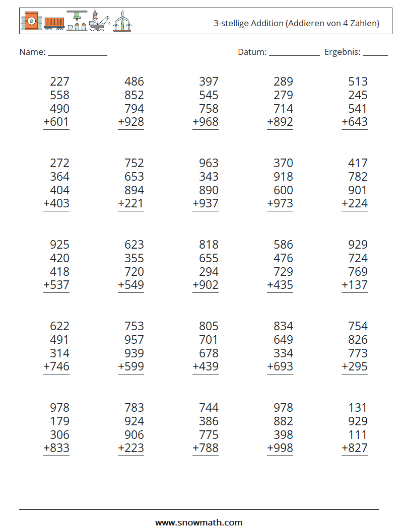 (25) 3-stellige Addition (Addieren von 4 Zahlen) Mathe-Arbeitsblätter 12