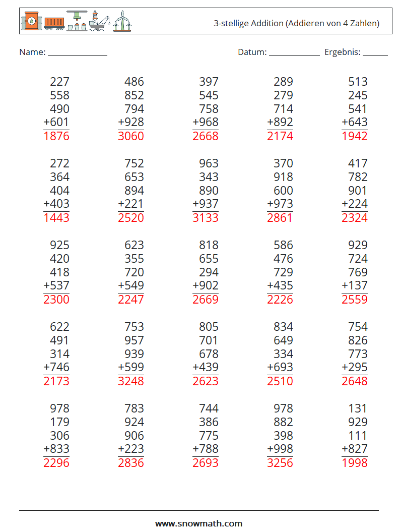 (25) 3-stellige Addition (Addieren von 4 Zahlen) Mathe-Arbeitsblätter 12 Frage, Antwort