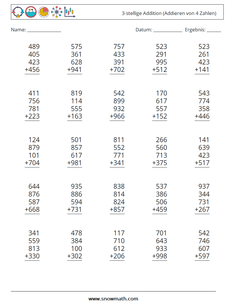 (25) 3-stellige Addition (Addieren von 4 Zahlen) Mathe-Arbeitsblätter 13