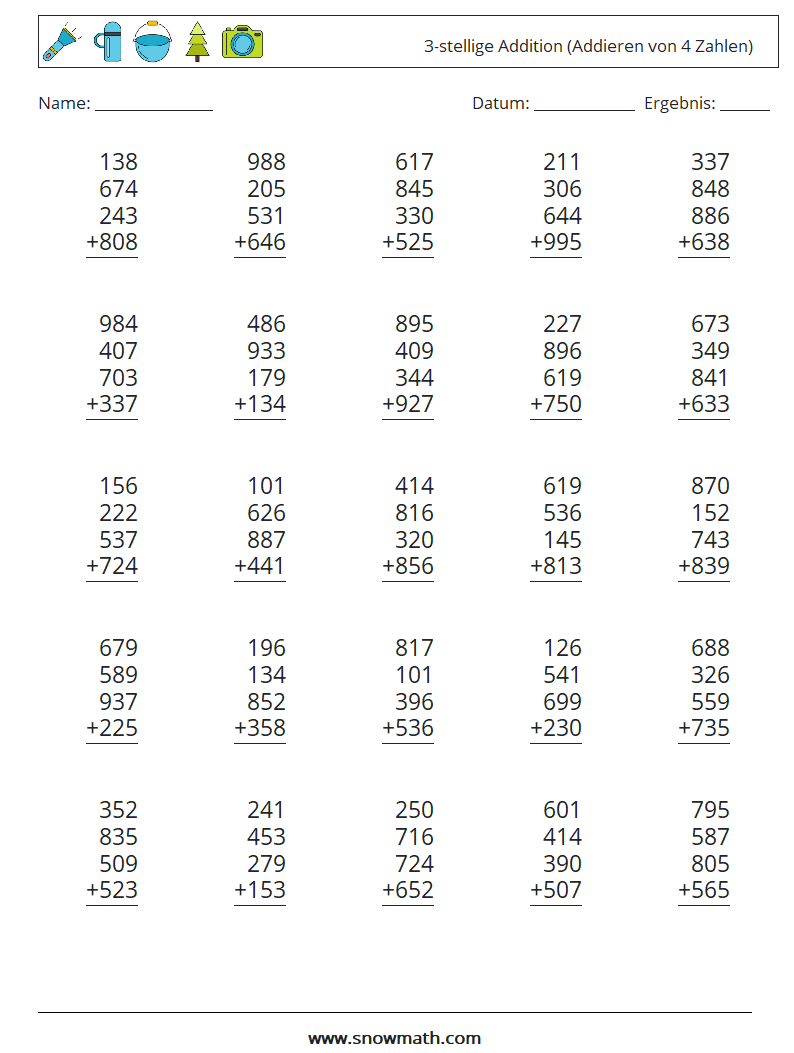 (25) 3-stellige Addition (Addieren von 4 Zahlen) Mathe-Arbeitsblätter 14