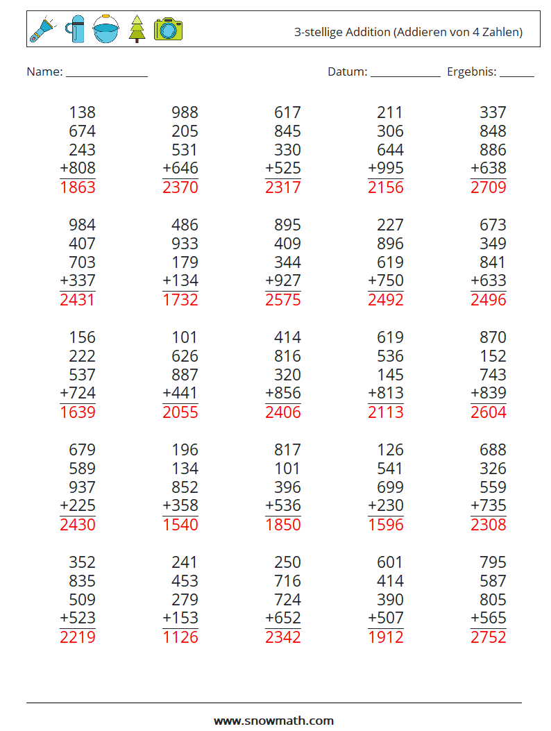 (25) 3-stellige Addition (Addieren von 4 Zahlen) Mathe-Arbeitsblätter 14 Frage, Antwort