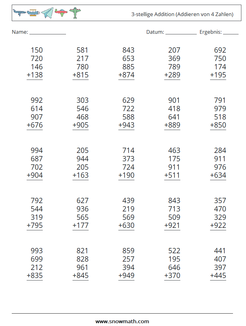 (25) 3-stellige Addition (Addieren von 4 Zahlen) Mathe-Arbeitsblätter 15