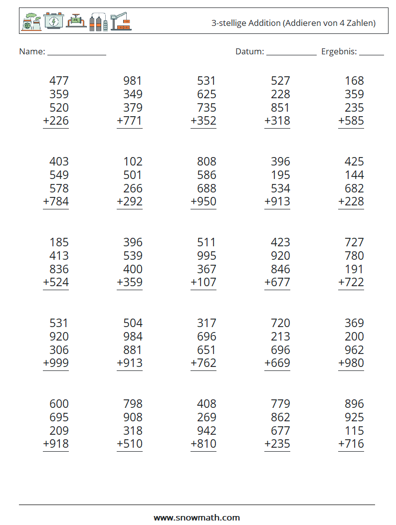 (25) 3-stellige Addition (Addieren von 4 Zahlen) Mathe-Arbeitsblätter 16