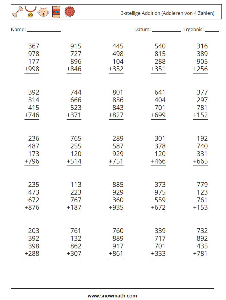 (25) 3-stellige Addition (Addieren von 4 Zahlen) Mathe-Arbeitsblätter 17