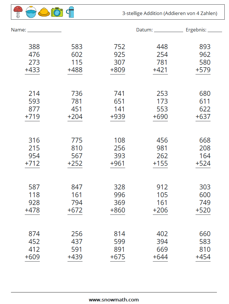 (25) 3-stellige Addition (Addieren von 4 Zahlen) Mathe-Arbeitsblätter 18
