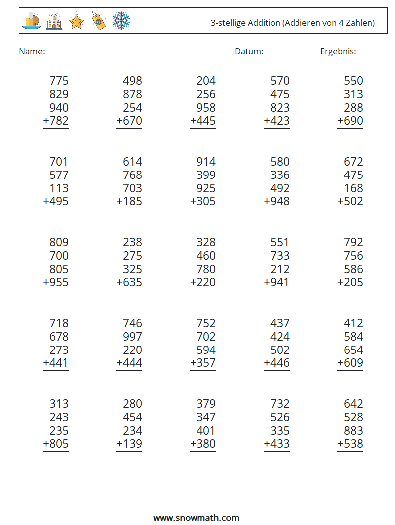 (25) 3-stellige Addition (Addieren von 4 Zahlen) Mathe-Arbeitsblätter 2