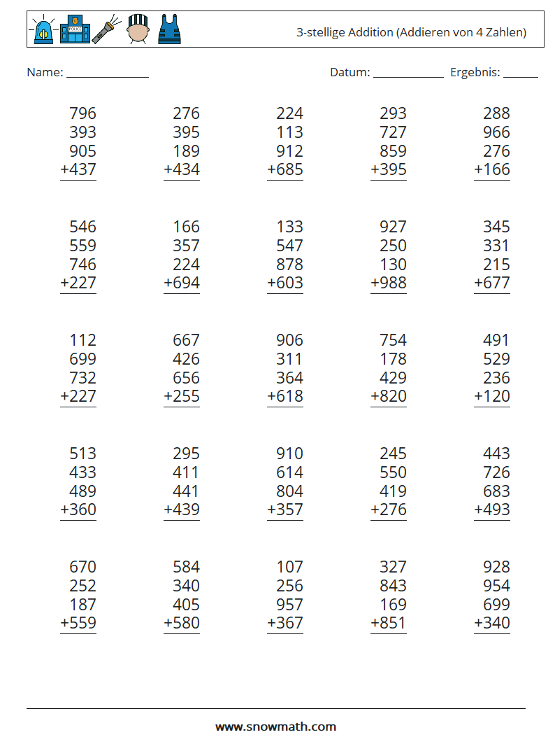 (25) 3-stellige Addition (Addieren von 4 Zahlen) Mathe-Arbeitsblätter 3