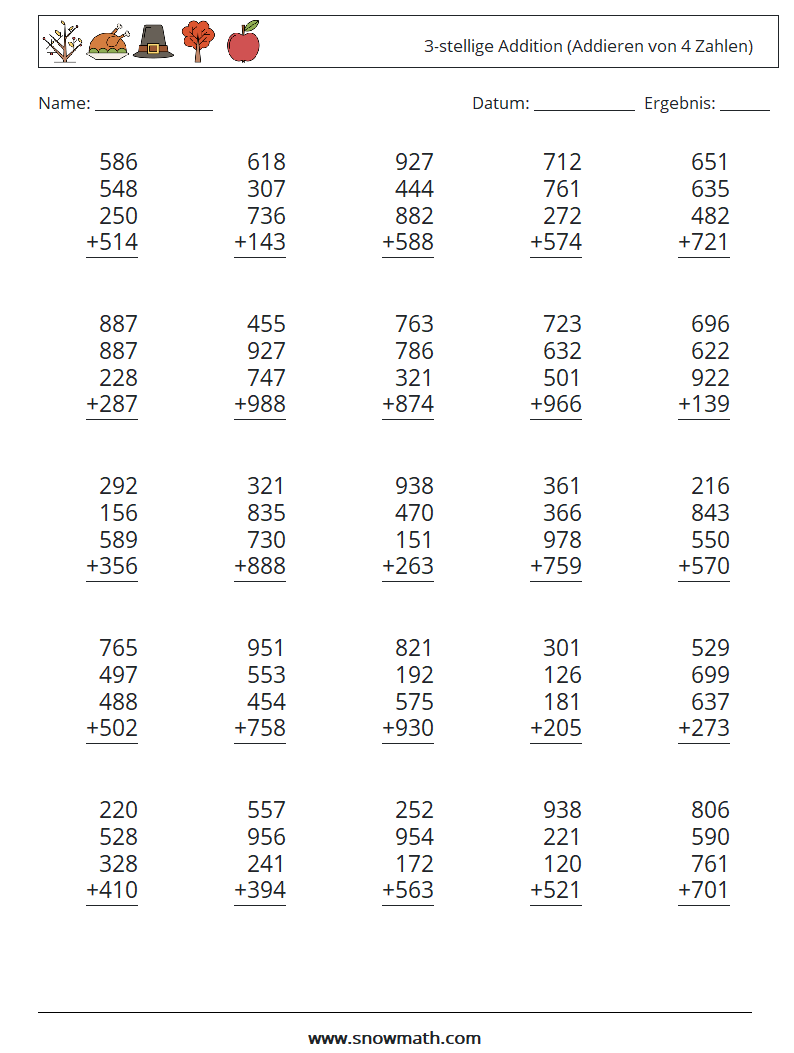 (25) 3-stellige Addition (Addieren von 4 Zahlen) Mathe-Arbeitsblätter 4