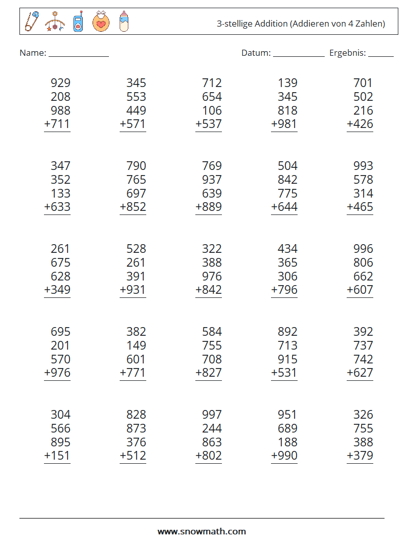 (25) 3-stellige Addition (Addieren von 4 Zahlen) Mathe-Arbeitsblätter 5