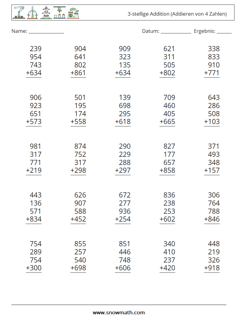 (25) 3-stellige Addition (Addieren von 4 Zahlen) Mathe-Arbeitsblätter 6