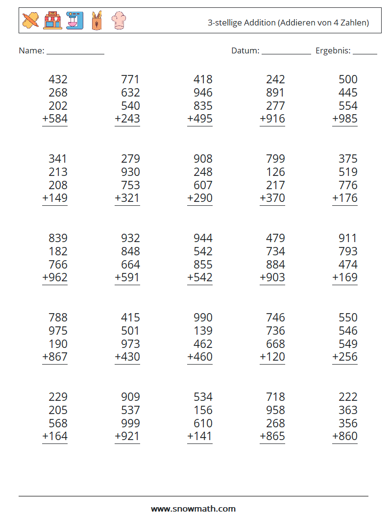 (25) 3-stellige Addition (Addieren von 4 Zahlen) Mathe-Arbeitsblätter 7