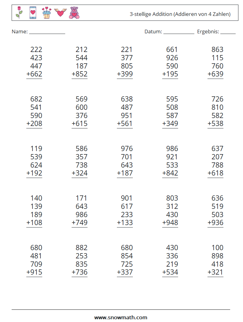 (25) 3-stellige Addition (Addieren von 4 Zahlen) Mathe-Arbeitsblätter 8
