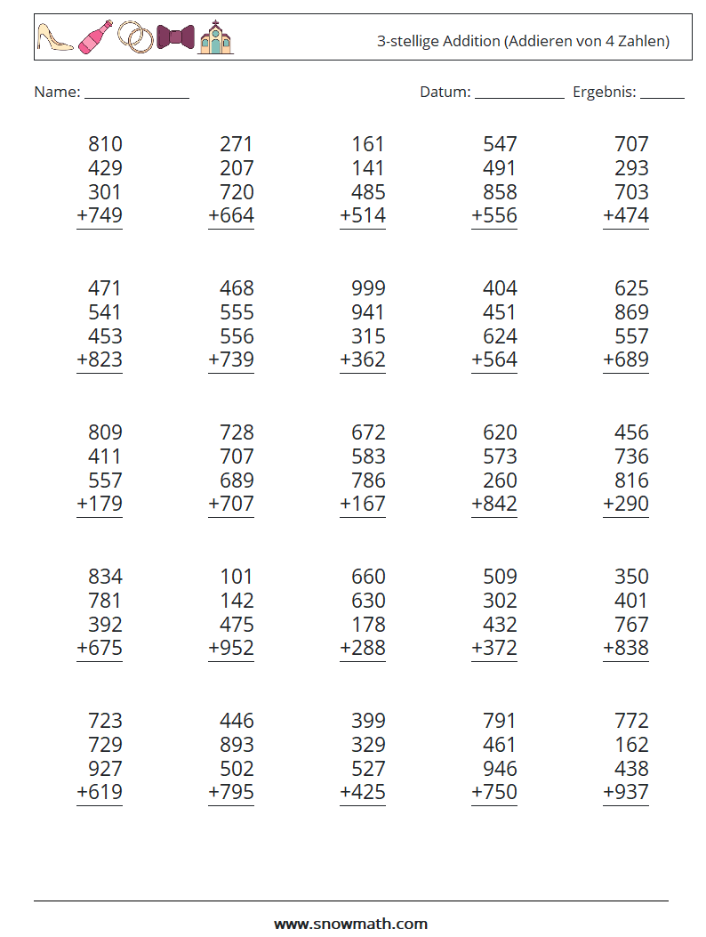 (25) 3-stellige Addition (Addieren von 4 Zahlen) Mathe-Arbeitsblätter 9