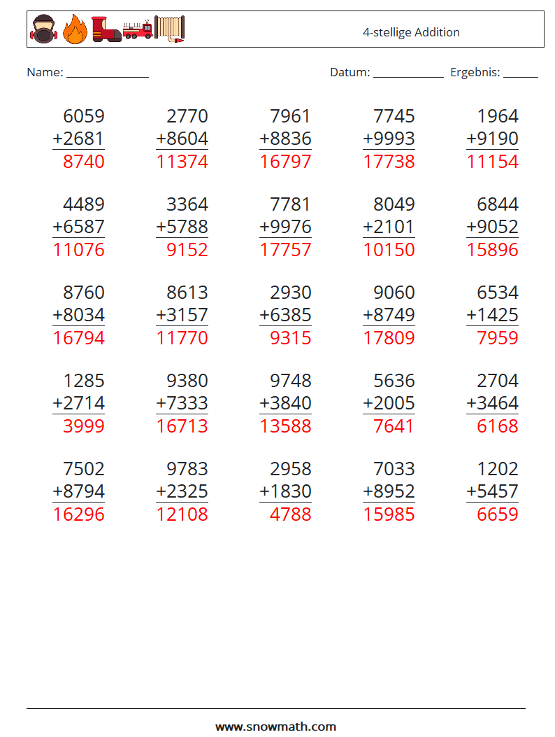 (25) 4-stellige Addition Mathe-Arbeitsblätter 10 Frage, Antwort