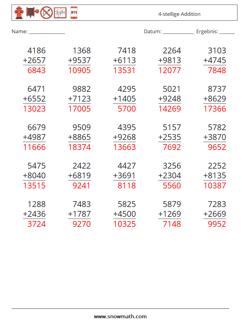 (25) 4-stellige Addition Mathe-Arbeitsblätter 11 Frage, Antwort