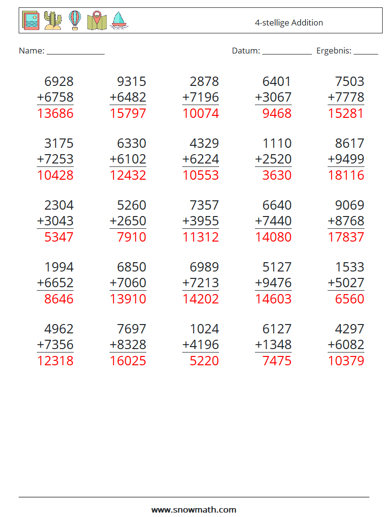 (25) 4-stellige Addition Mathe-Arbeitsblätter 12 Frage, Antwort