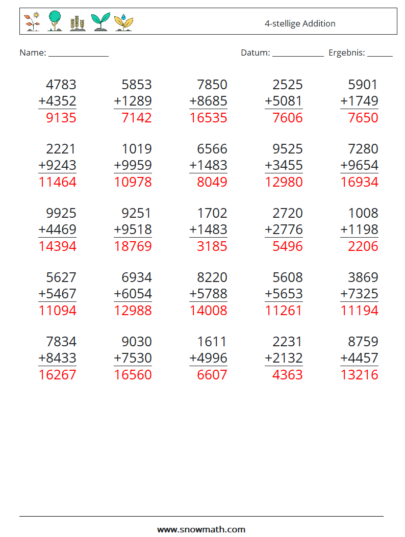 (25) 4-stellige Addition Mathe-Arbeitsblätter 13 Frage, Antwort