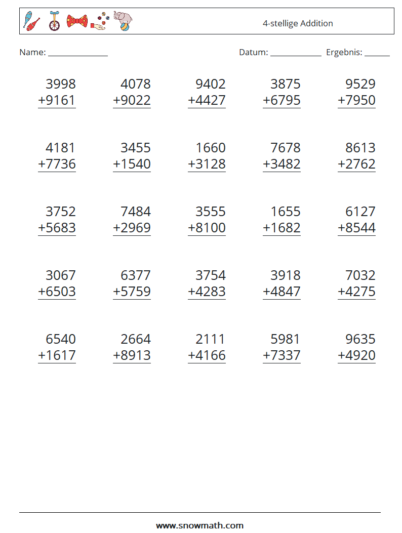(25) 4-stellige Addition Mathe-Arbeitsblätter 15