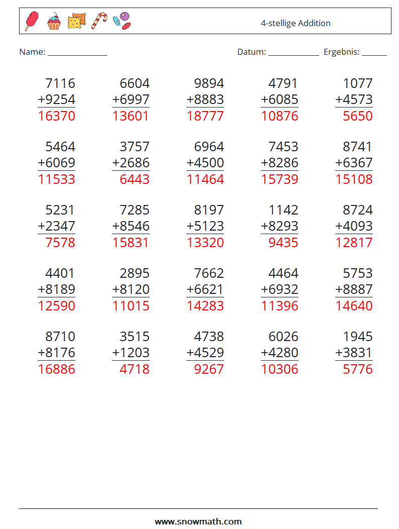 (25) 4-stellige Addition Mathe-Arbeitsblätter 16 Frage, Antwort