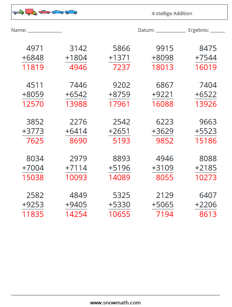 (25) 4-stellige Addition Mathe-Arbeitsblätter 17 Frage, Antwort