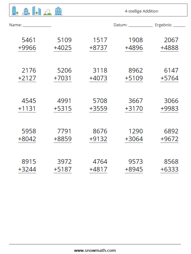 (25) 4-stellige Addition Mathe-Arbeitsblätter 18