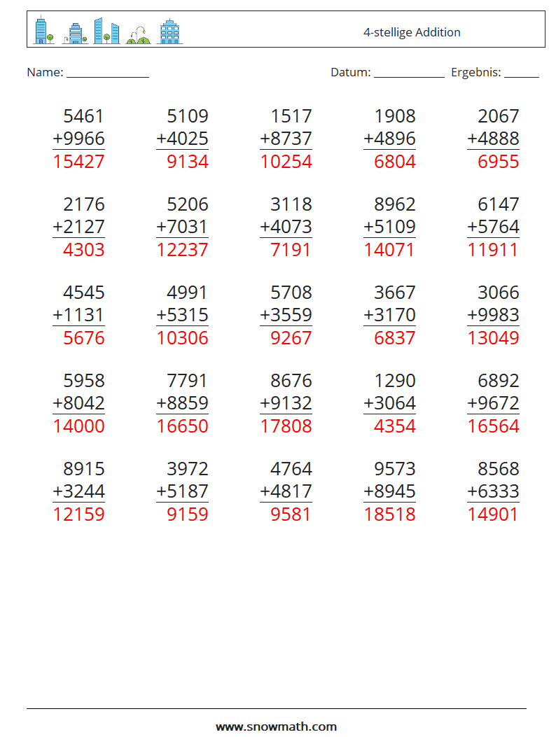 (25) 4-stellige Addition Mathe-Arbeitsblätter 18 Frage, Antwort