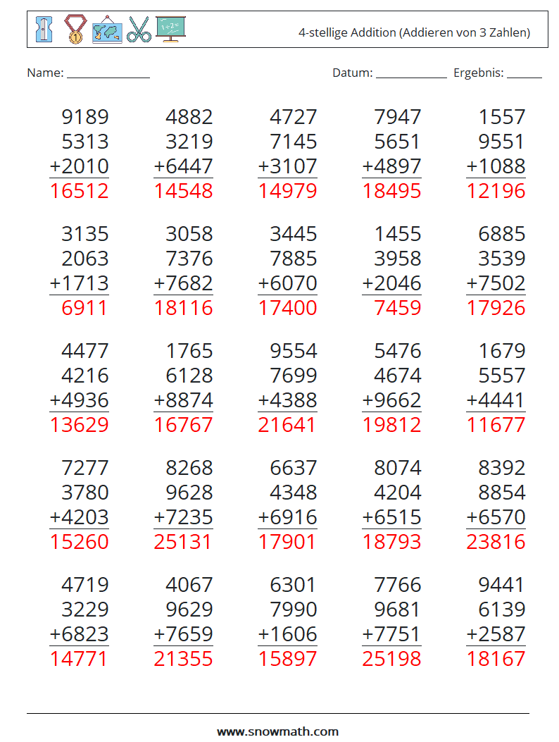 (25) 4-stellige Addition (Addieren von 3 Zahlen) Mathe-Arbeitsblätter 10 Frage, Antwort