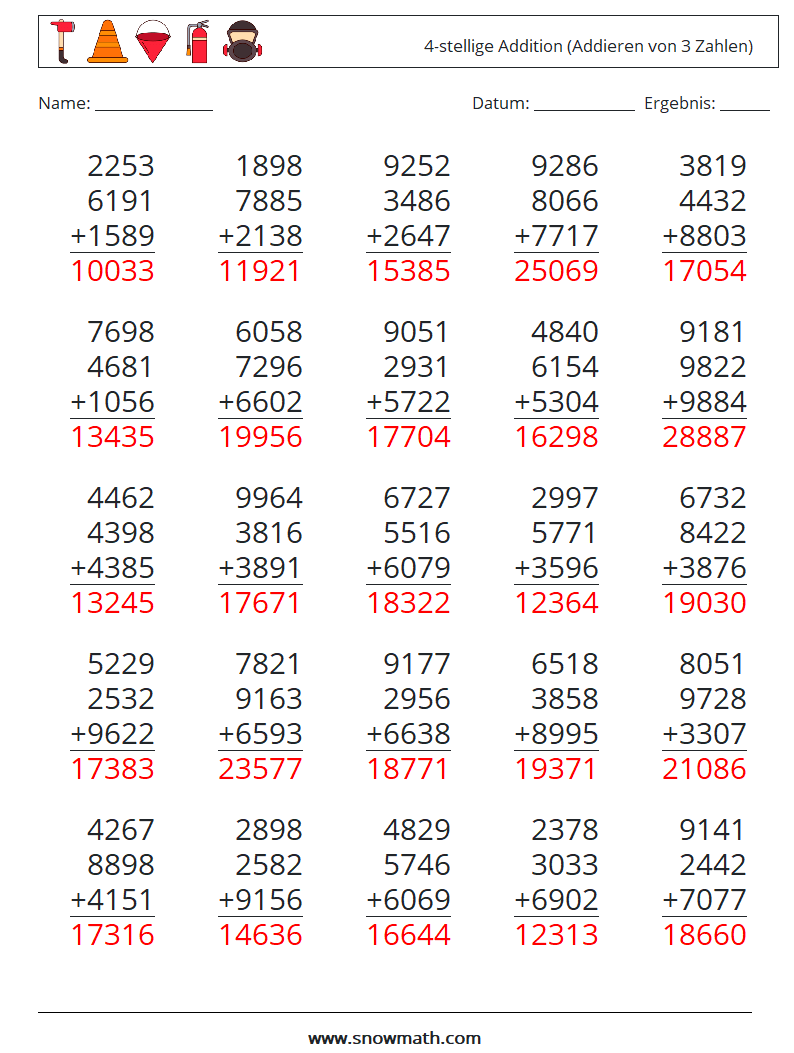 (25) 4-stellige Addition (Addieren von 3 Zahlen) Mathe-Arbeitsblätter 14 Frage, Antwort