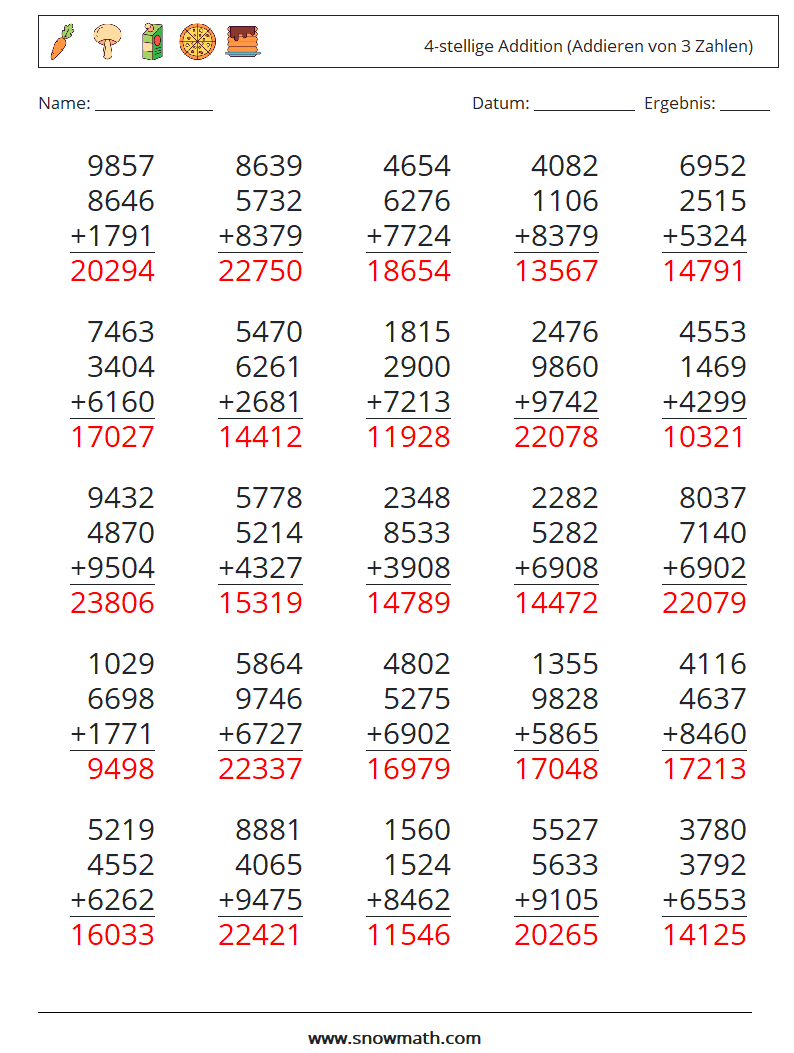 (25) 4-stellige Addition (Addieren von 3 Zahlen) Mathe-Arbeitsblätter 15 Frage, Antwort