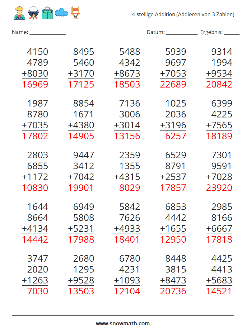 (25) 4-stellige Addition (Addieren von 3 Zahlen) Mathe-Arbeitsblätter 16 Frage, Antwort