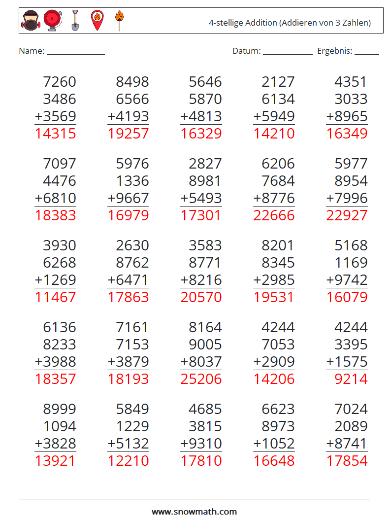 (25) 4-stellige Addition (Addieren von 3 Zahlen) Mathe-Arbeitsblätter 18 Frage, Antwort