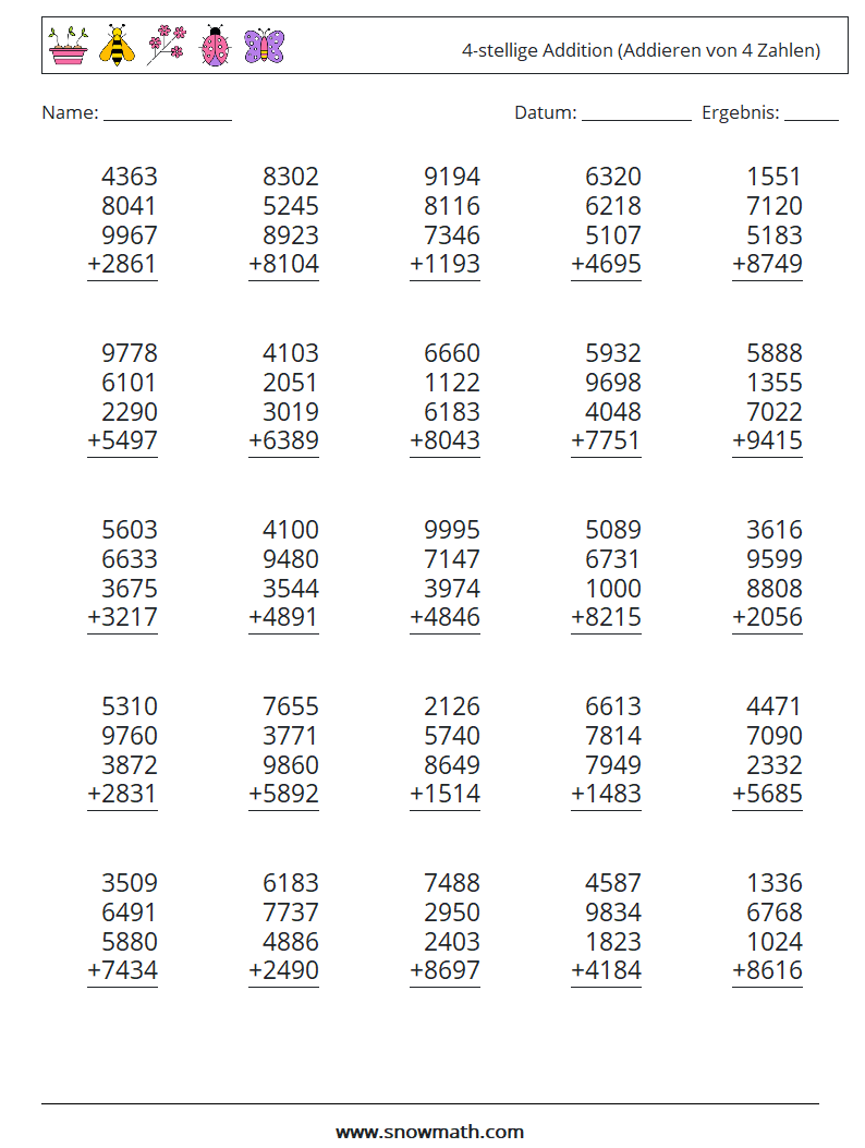 (25) 4-stellige Addition (Addieren von 4 Zahlen) Mathe-Arbeitsblätter 10