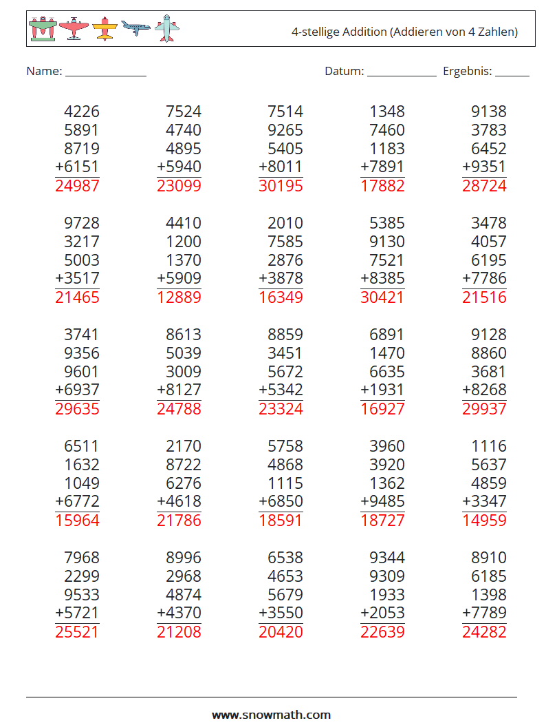 (25) 4-stellige Addition (Addieren von 4 Zahlen) Mathe-Arbeitsblätter 11 Frage, Antwort